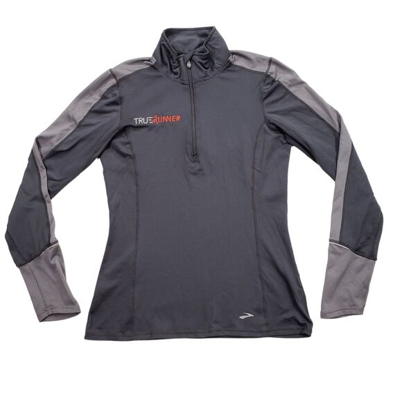Brooks True Runner 1/4 Zip Pullover XS Women‎ Gray Stand Up Spellout Thumb Holes - Picture 1 of 12